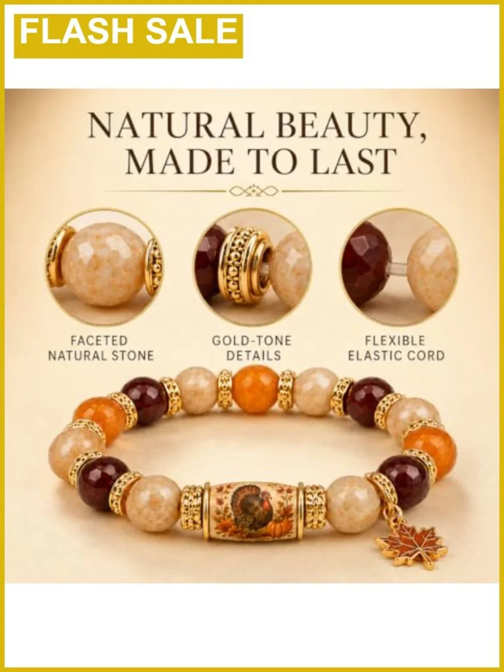 10mm Natural Stone Beaded Stretch Bracelet Pumpkin Maple Leaf Charm